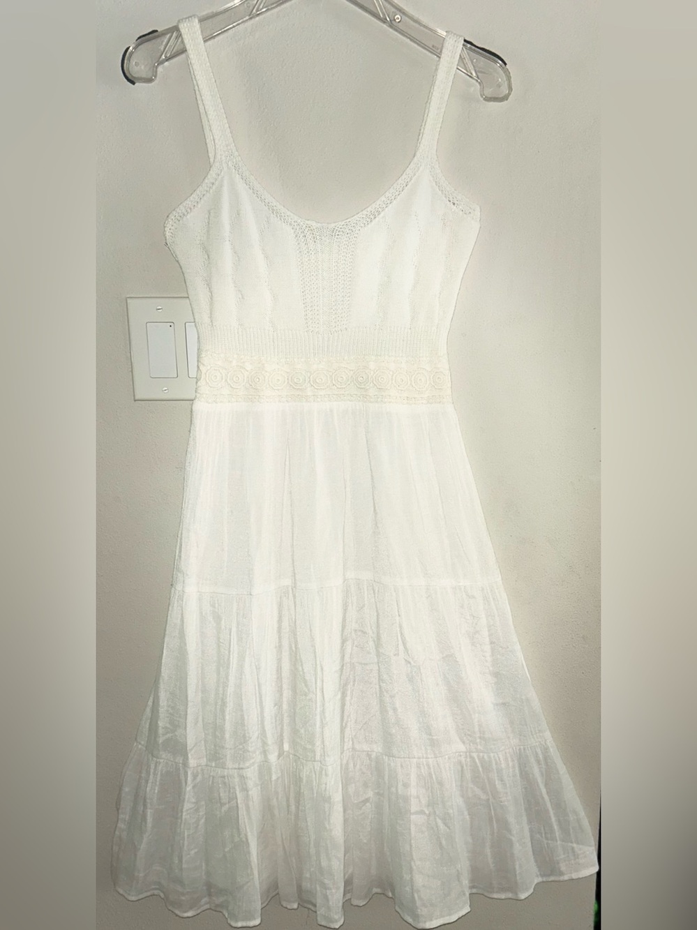Forever 21 White Crochet Knit Bodice Tiered Gauze Boho Festival Midi dress chic